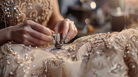 A close-up of a seamstress sewing intricate beadwork onto a couture dress in a fashion studio.の素材