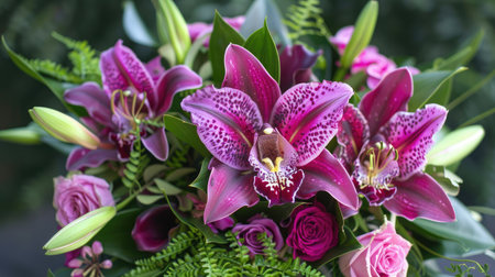 A close-up of a luxurious bouquet of deep purple orchids and pink lilies, arranged with lush greenery.の素材