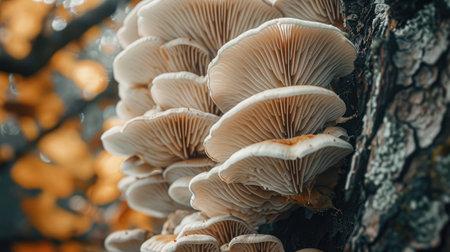 A close-up of delicate oyster mushrooms growing on the side of a tree trunk.の素材