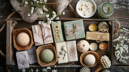 A collection of handmade soap bars and bath bombs, displayed in a rustic wooden tray.の素材