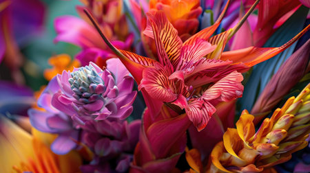 A close-up of Khun Nai's exotic flowers, highlighting their unique shapes and colors.の素材