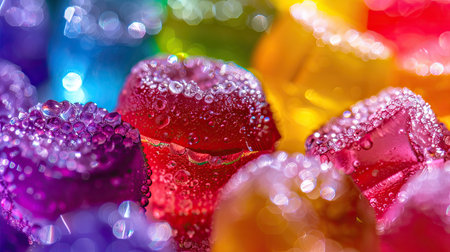 A close-up of sparkling sugar-coated candies in bright colors, reflecting light beautifully.の素材