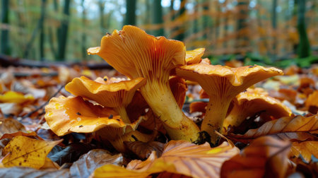 A cluster of golden chanterelle mushrooms nestled among fallen leaves in an autumn forest.の素材