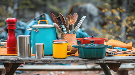 A collection of camping cookware and utensils, arranged neatly on a picnic table at a campsite.の素材