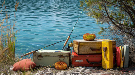 A collection of fishing gear, including a rod, tackle box, and bait, arranged on the shore of a lake.の素材