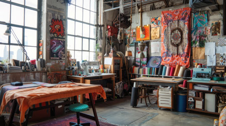 A fashion designer's studio filled with fabric rolls, sewing machines, and inspiration boards.の素材