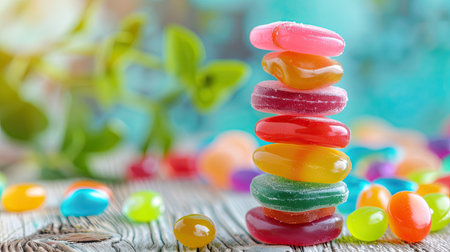 A colorful candy tower made of stacked jelly beans and gummies, creating a fun and playful atmosphere.の素材