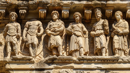 A detailed shot of an ancient stone carving, depicting historical scenes and figures.の素材