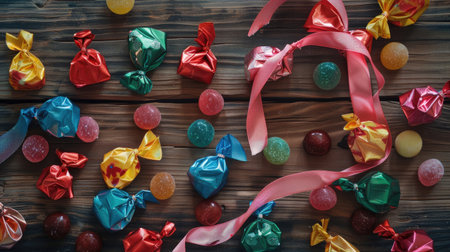A delightful assortment of wrapped candies in vibrant colors, scattered on a wooden table with a festive ribbon. Great for celebratory themes.の素材