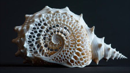 A detailed image of a delicate, white seashell with intricate patterns, set against a contrasting dark background.の素材