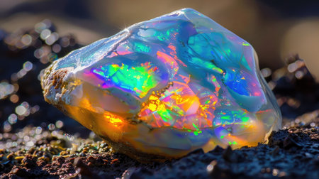 A detailed shot of a polished opal, displaying its vibrant play of colors.の素材