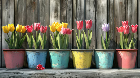 A colorful mix of flower pots with blooming tulips, placed in front of a rustic wooden fence.の素材