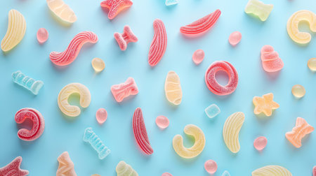 A creative flat lay of assorted gummy candies, forming fun shapes and patterns on a pastel background.の素材