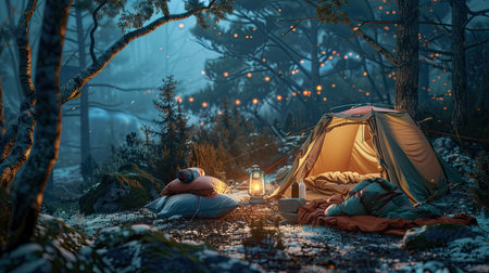 A cozy camping setup with a tent, sleeping bags, and a lantern, perfect for a night in the wilderness.の素材