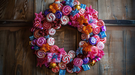 A delightful candy wreath made of wrapped sweets in vibrant colors, perfect for holiday decoration themes.の素材