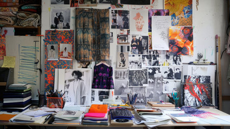 A fashion designer's workspace, filled with sketches, fabric swatches, and inspiration boards.の素材