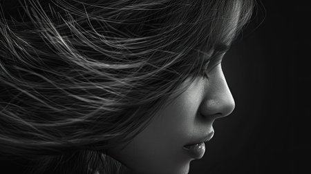 A detailed shot of a perfectly shaped forehead, framed by flowing hair and capturing its refined contours.の素材