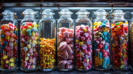 A display of assorted candies in clear glass jars, each filled with a different colorful treat.の素材