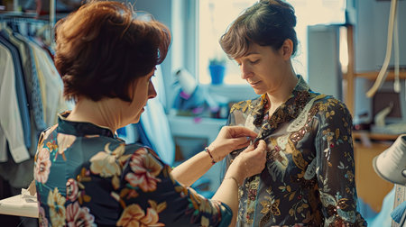 A fashion designer adjusting a garment on a model during a fitting session, with a studio background.の素材
