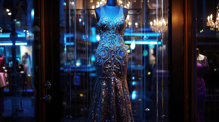 A designer boutique window showcasing a glamorous evening dress, adorned with sequins and crystals.の素材