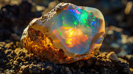 A detailed shot of a polished opal, displaying its vibrant play of colors.の素材