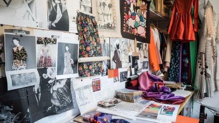 A fashion designer's workspace, filled with sketches, fabric swatches, and inspiration boards.の素材