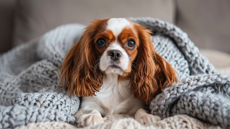 A cute Cavalier King Charles Spaniel puppy with big, expressive eyes, sitting on a soft blanket.の素材