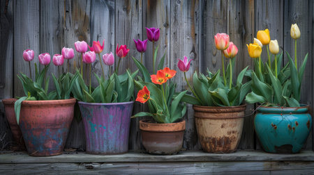 A colorful mix of flower pots with blooming tulips, placed in front of a rustic wooden fence.の素材