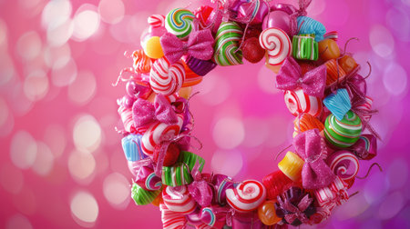 A delightful candy wreath made of wrapped sweets in vibrant colors, perfect for holiday decoration themes.の素材