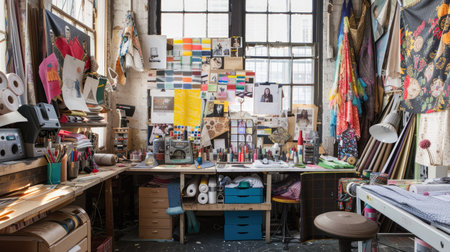 A fashion designer's studio filled with fabric rolls, sewing machines, and inspiration boards.の素材