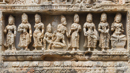 A detailed shot of an ancient stone carving, depicting historical scenes and figures.の素材