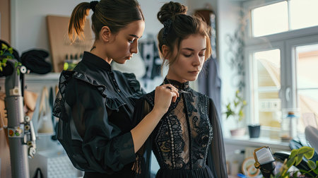 A fashion stylist pinning a dress on a mannequin, perfecting the fit before a photo shoot.の素材
