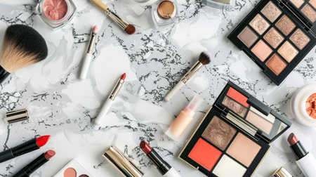 A flat lay of makeup essentials including lipsticks, brushes, eyeshadow palettes, and foundation bottles on a marble background.の素材