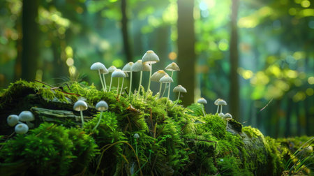 A group of delicate white mushrooms sprouting from a moss-covered log in a serene woodland.の素材