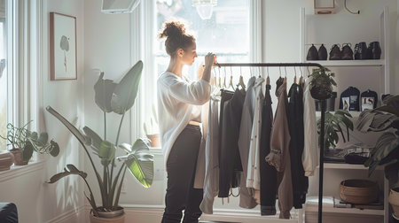 A fashion stylist arranging outfits on a clothing rack, preparing for a photo shoot in a bright studio.の素材