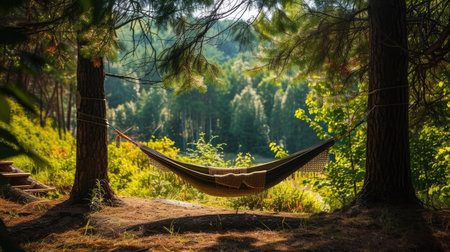 A hammock set up between two trees, with a beautiful forest view in the background.の素材