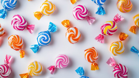 A flat lay of assorted wrapped candies, creating a colorful and festive pattern against a light background.の素材