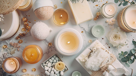 A flat lay of luxurious bath and body products, including scented candles, bath bombs, and lotions.の素材