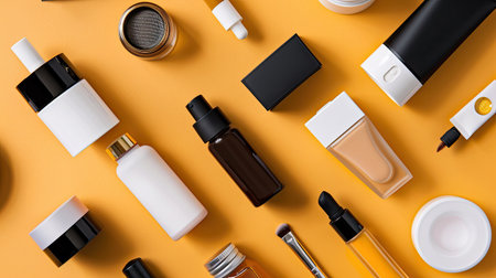 A flat lay of travel-sized beauty products, perfect for on-the-go skincare and makeup routines.の素材