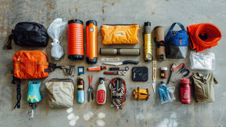 A flat lay of essential camping gear, including a flashlight, multi-tool, and first aid kit.の素材