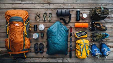 A flat lay of essential camping gear, including a tent, sleeping bag, flashlight, and backpack, arranged on a wooden surface.の素材