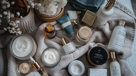A flat lay of luxury skincare products including creams, serums, and masks, arranged on a soft towel.の素材
