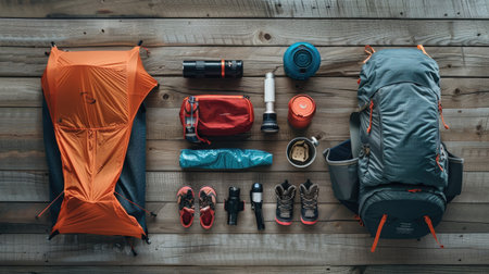 A flat lay of essential camping gear, including a tent, sleeping bag, flashlight, and backpack, arranged on a wooden surface.の素材