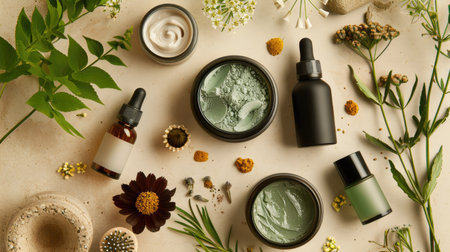 A flat lay of natural and organic beauty products, including clay masks, facial oils, and herbal creams.の素材