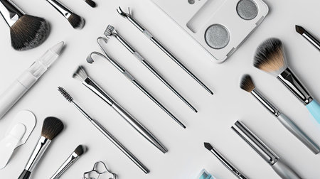 A flat lay of beauty tools including tweezers, eyelash curlers, and makeup brushes on a white background.の素材