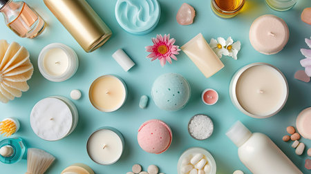 A flat lay of luxurious bath and body products, including scented candles, bath bombs, and lotions.の素材