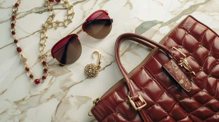 A flat lay of stylish accessories including sunglasses, a handbag, and jewelry on a marble surface.の素材
