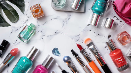 A flat lay of gel nail polish bottles and nail art tools, arranged on a marble surface.の素材