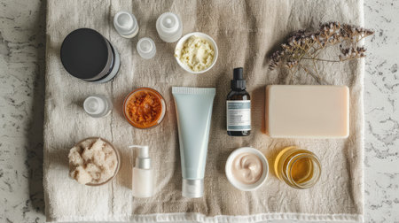 A flat lay of luxury skincare products including creams, serums, and masks, arranged on a soft towel.の素材