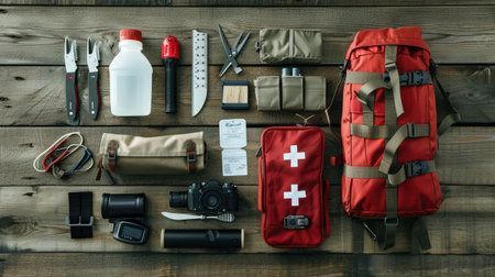 A flat lay of survival gear, including a first aid kit, flashlight, multi-tool, and emergency blanket.の素材
